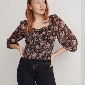 Madewell Long Sleeve Smocked Floral Black and Pink Women's Top Small